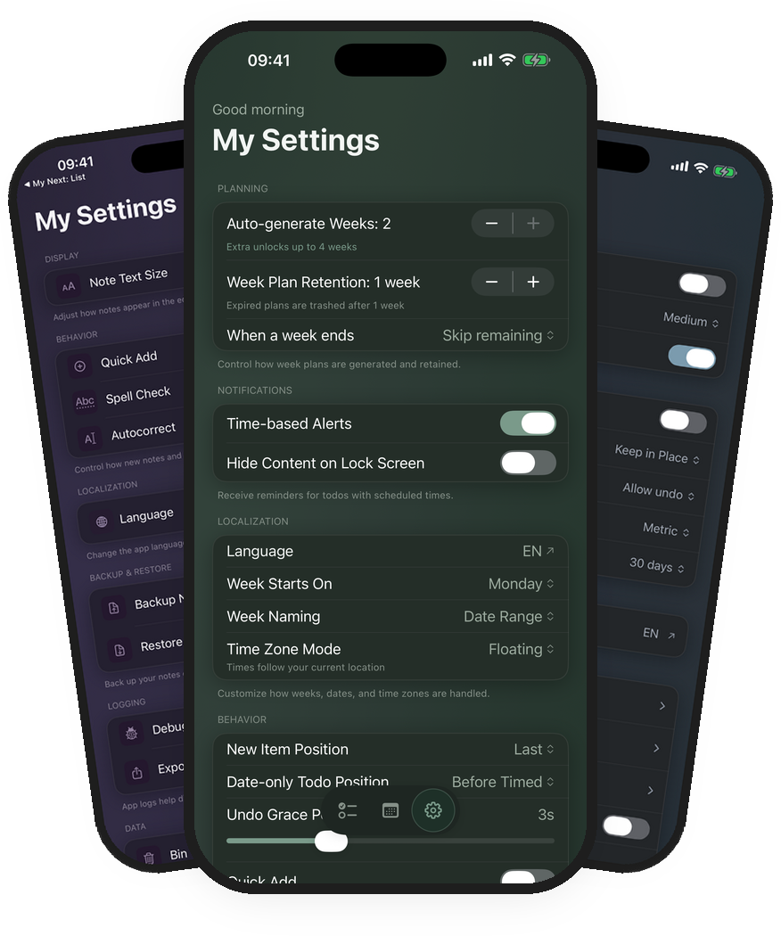 My Next: Todo, List, and Note in dark mode — three apps with a shared design language