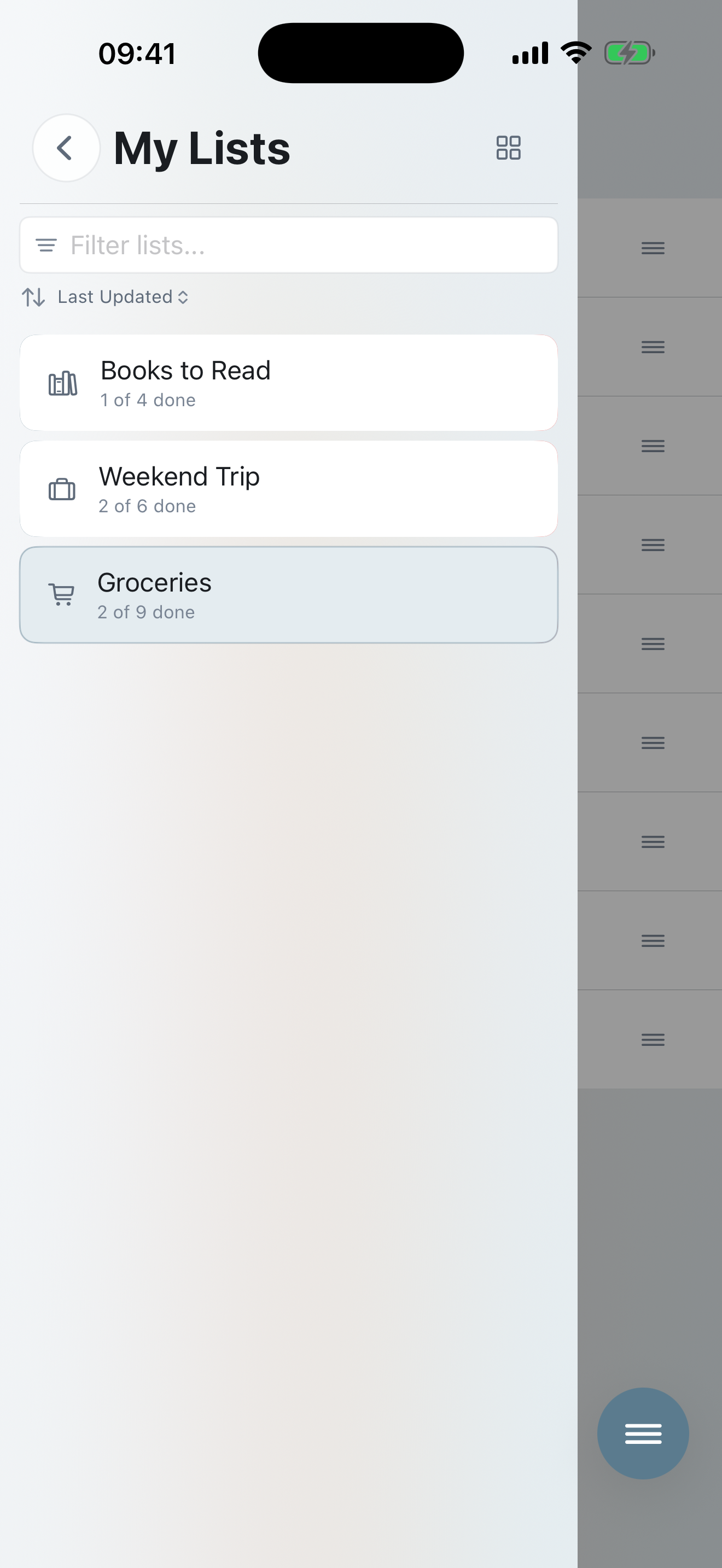 My Next: List — My Lists side menu with grocery, packing, and reading lists