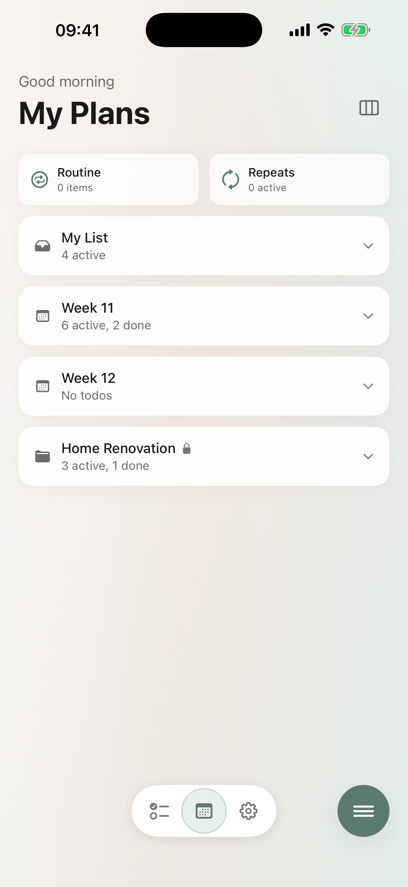My Next: Todo — My Plans view showing weekly plans and projects